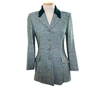St. John Womens Sz 2 Green Knit Textured Blazer Jacket Gold Trim Buttons